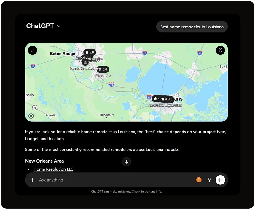 ChatGPT AI search results recommending a local business, AI search visibility example