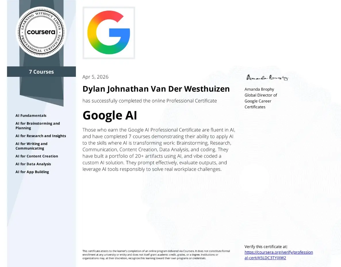 Dylan Van Der Westhuizen Google AI Professional certification, Norzer team