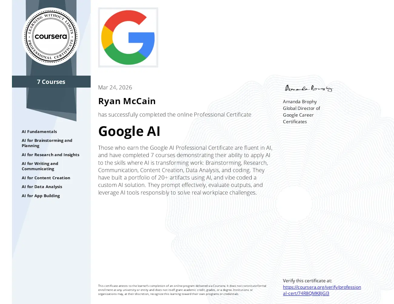 Google AI Professional certification badge, Norzer team credential