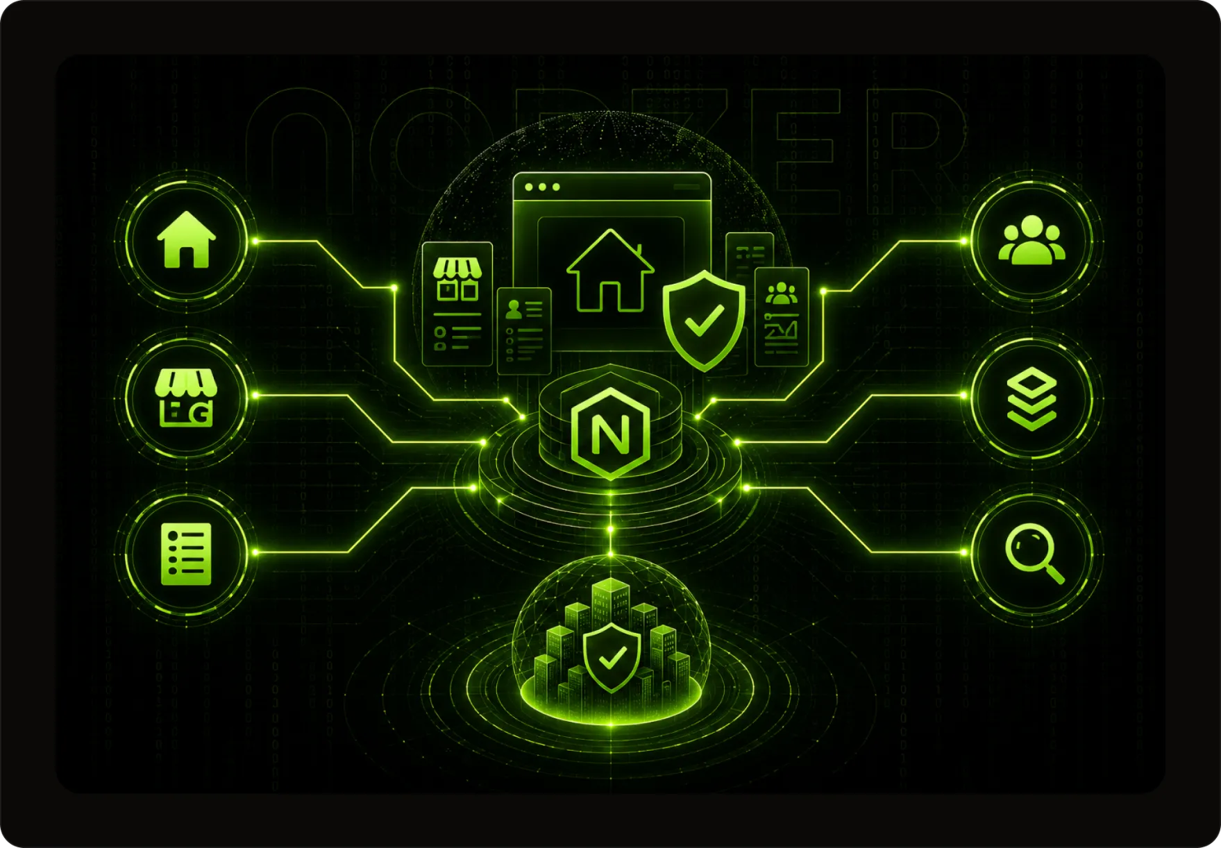 Norzer Local Digital Domination System diagram showing connected local business icons protected under one system