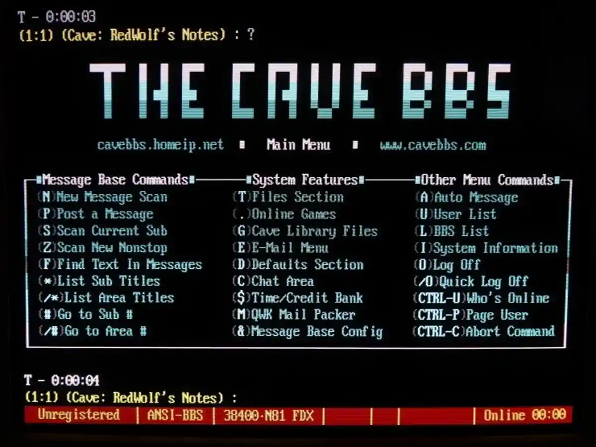 Screenshot of a 1980s bulletin board system (BBS) interface