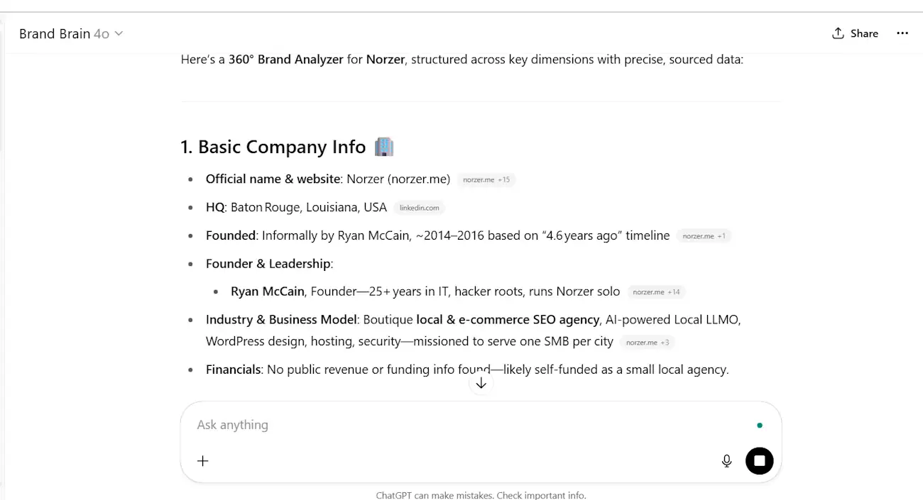 Screenshot of the BrandBrain custom GPT checking AI brand representation