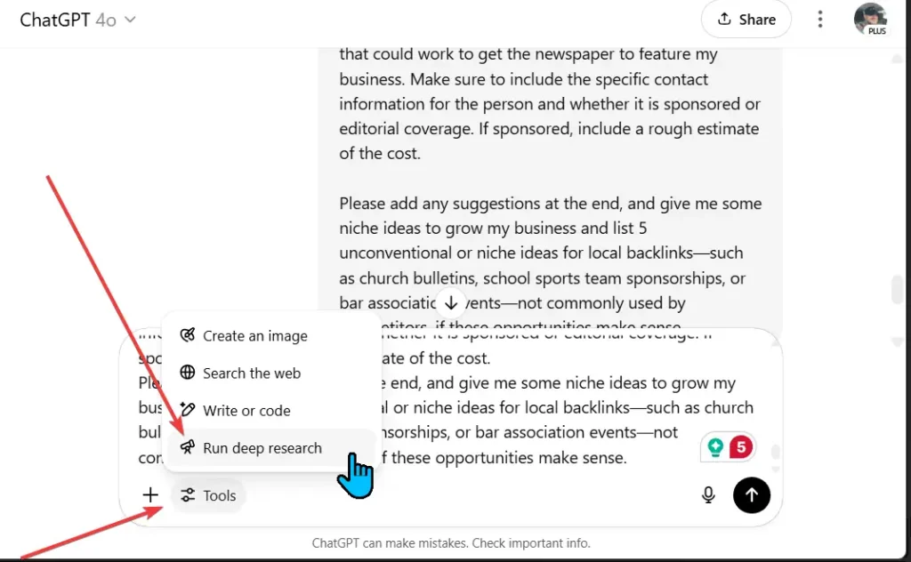 Screenshot of a ChatGPT prompt running with Deep Research mode enabled for backlink analysis
