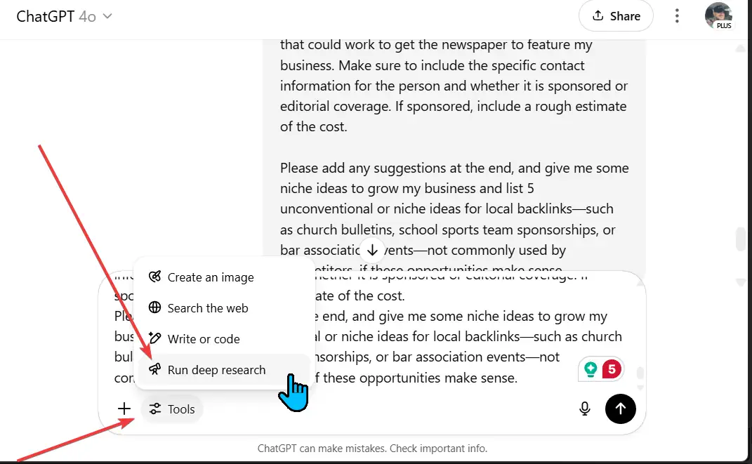 Screenshot of a ChatGPT prompt running with Deep Research mode enabled for backlink analysis