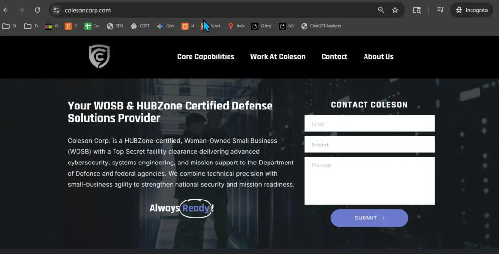 Screenshot of the new Norzer-built Coleson Corp defense contractor website