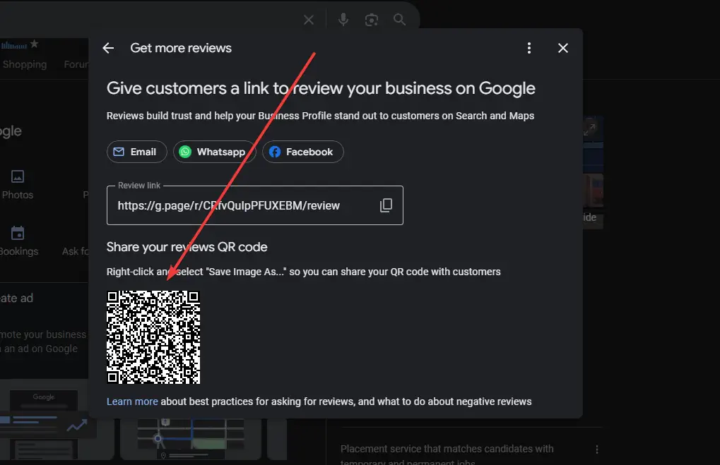 QR code example for a Google Business Profile review request card