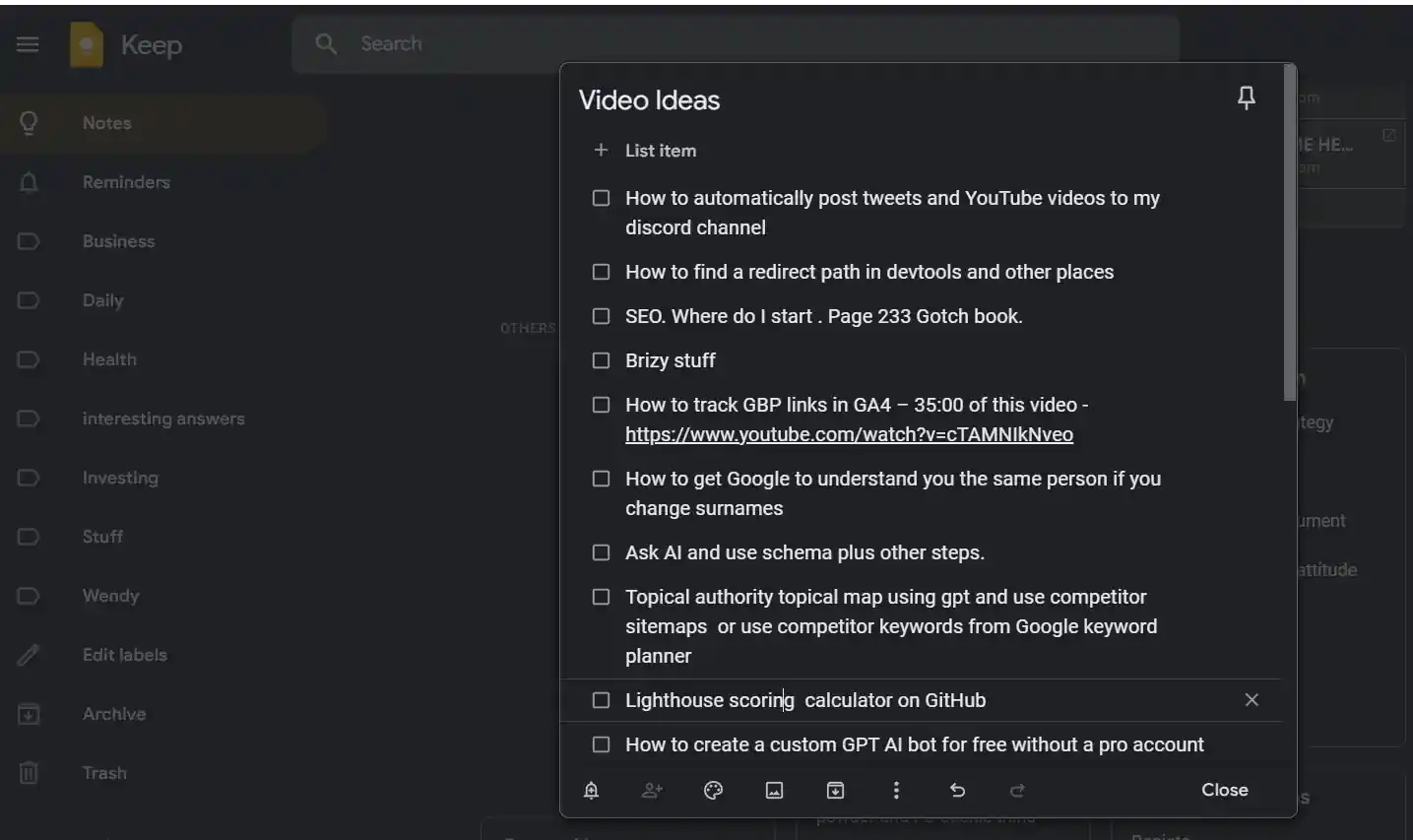 Google Keep note listing YouTube video ideas