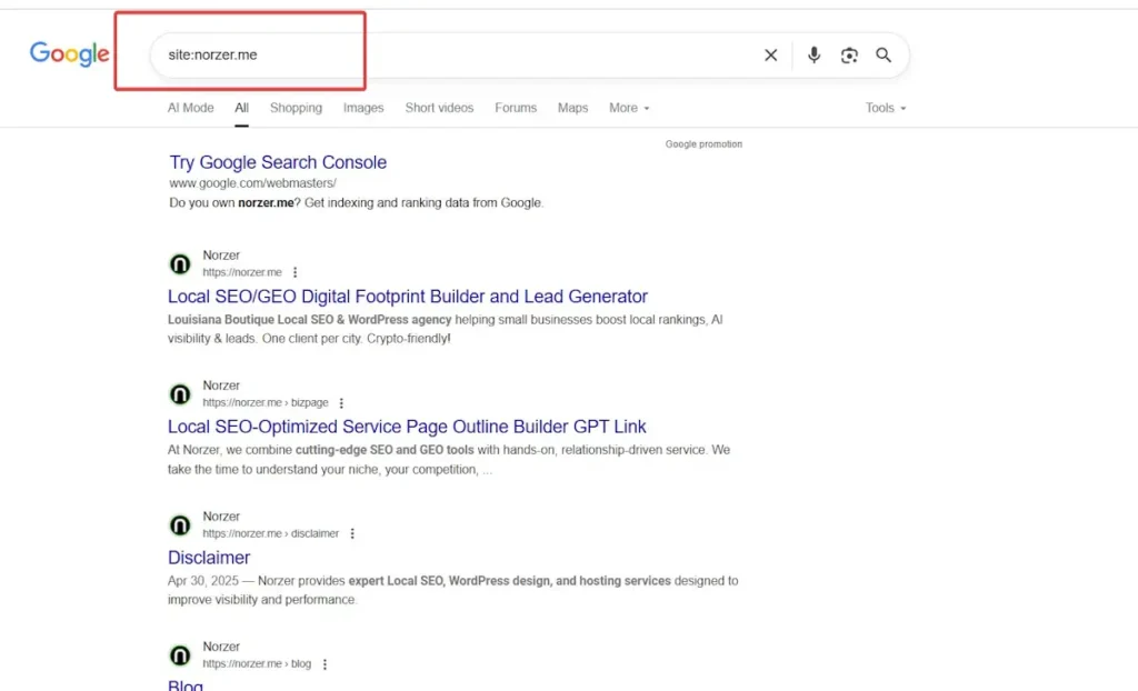 Google site search operator used to check a WordPress site for security issues