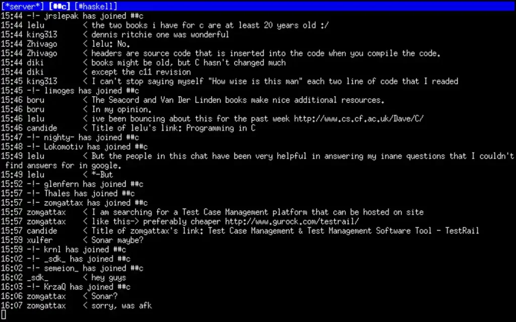 Screenshot of an early IRC chatroom used by hackers and phreakers
