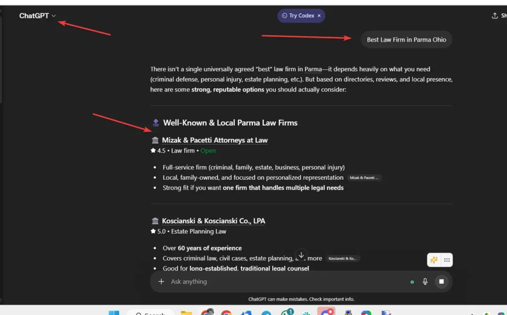 ChatGPT search results showing Mizak and Pacetti ranking in AI search