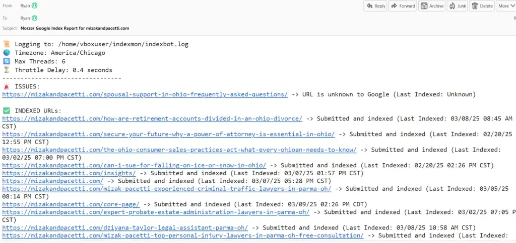 Screenshot of the Norzer Google Index Monitor Bot dashboard for tracking page indexing
