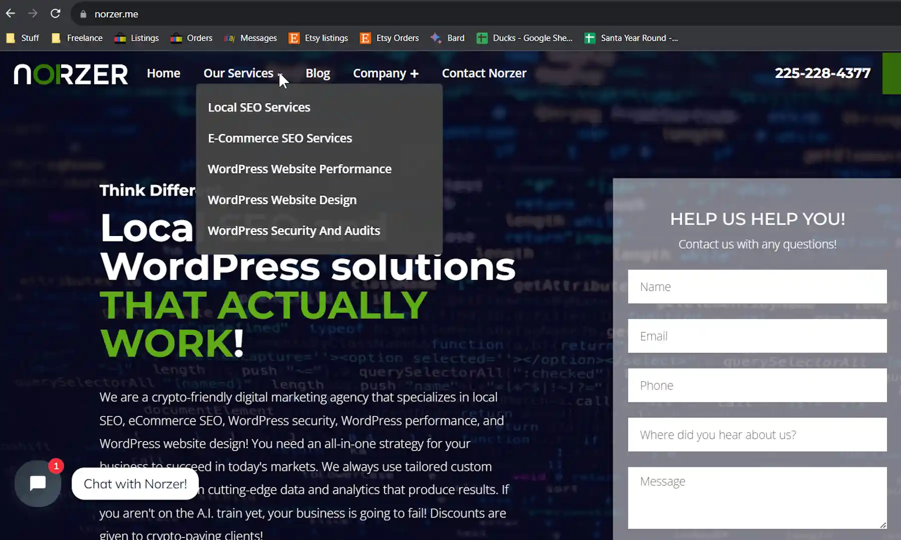 Screenshot of the Norzer home page showcasing local SEO and digital marketing services