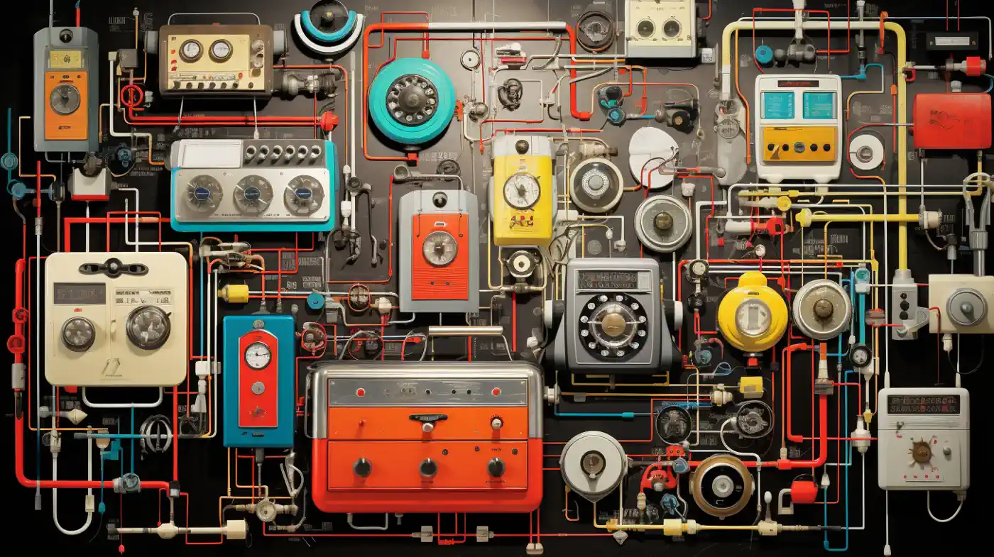 Illustration of phones, wires, and computers representing early hacking and phreaking culture