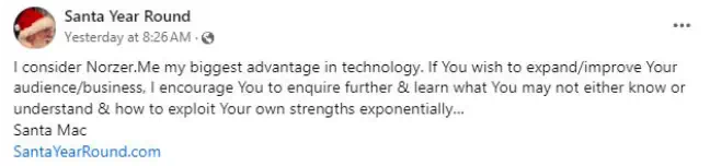 Client quote from Santa Year Round about their results with Norzer