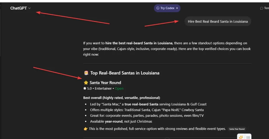 ChatGPT search result showing Santa Year Round ranking as a top local business