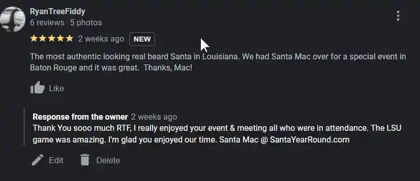 Screenshot of Santa Year Round's Google reviews, a Norzer local SEO client