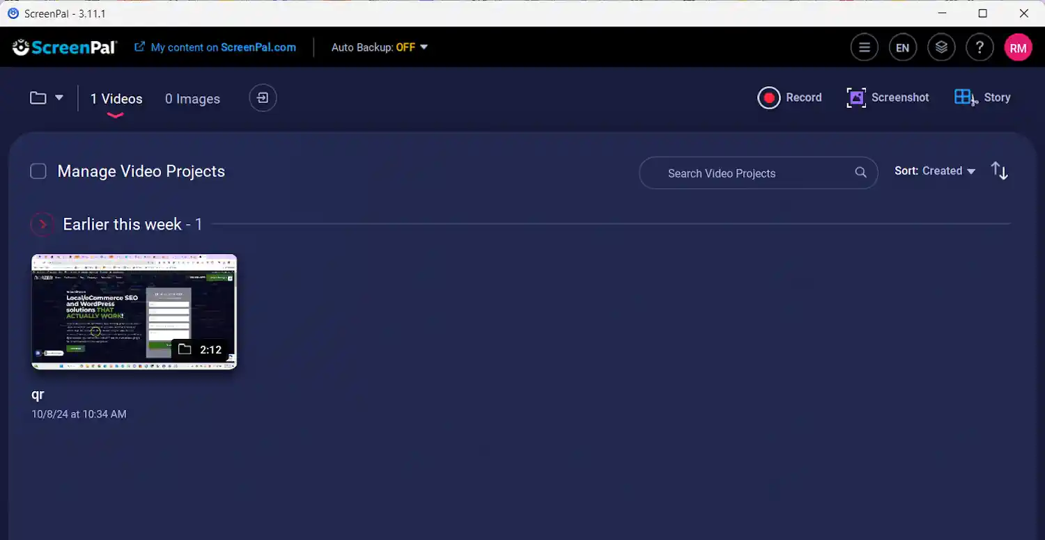 Screenshot of the ScreenPal screen recording tool used for creating YouTube content