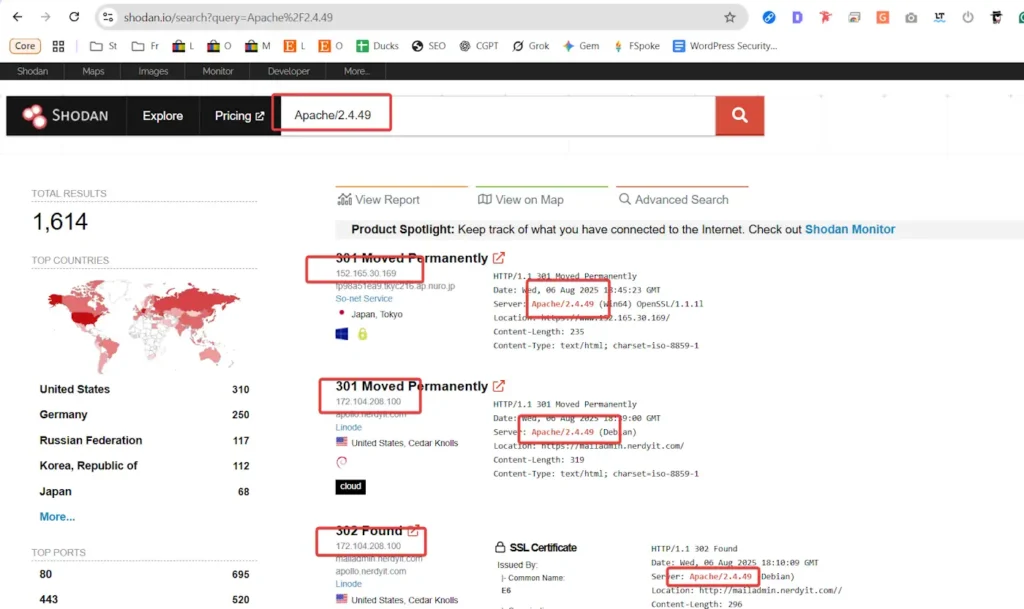 Shodan search results showing exposed Apache servers for security research