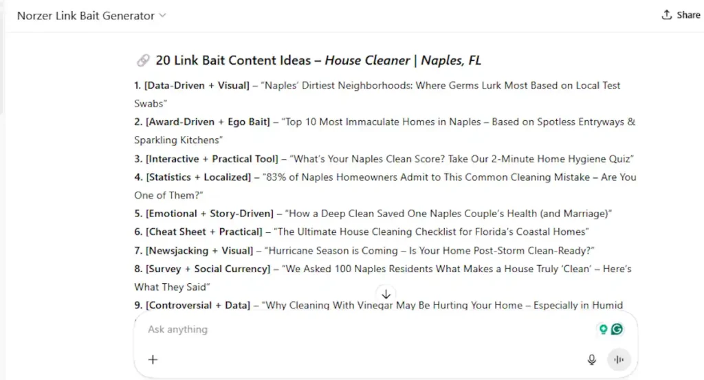 Screenshot of the Norzer Link Bait Generator AI prompt tool for local SEO