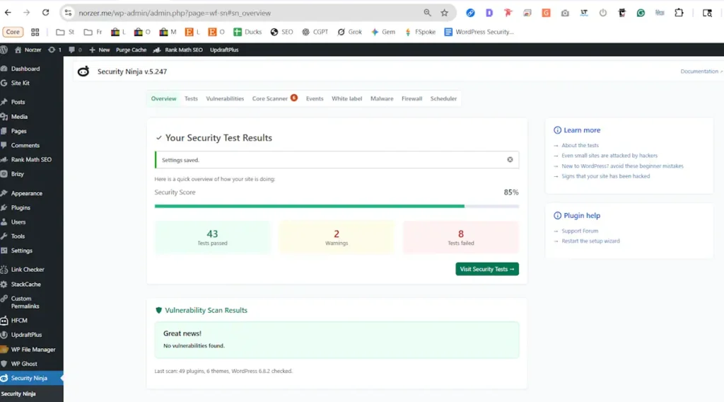 Screenshot of the Security Ninja plugin dashboard for WordPress security scanning