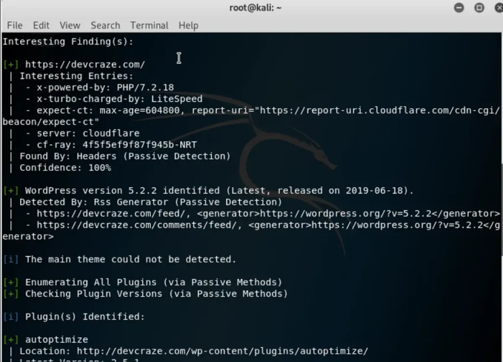 Screenshot of WPScan vulnerability scanner results for a WordPress website