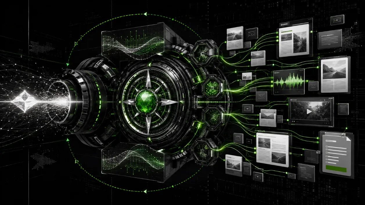 Illustration of an AI engine transforming one input into multiple content formats for content ideation