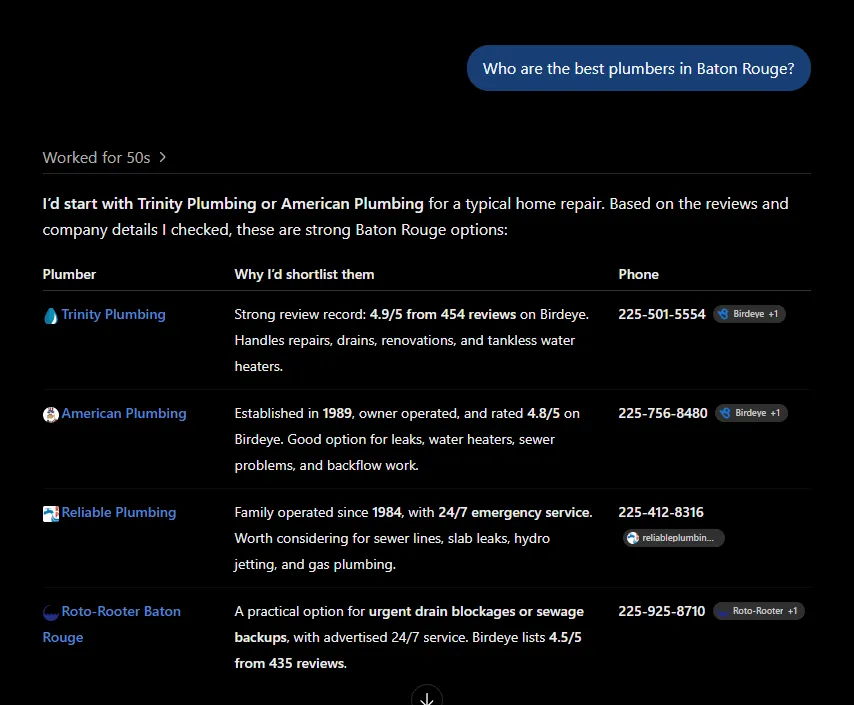A chat interface of Chatgpt listing the best plumbers in Baton Rouge, Louisiana.