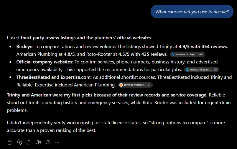 Chatgpt explained what sources it used. This includes reviews, official company websites, and citations. This is all within the ChatGPT interface as a response.